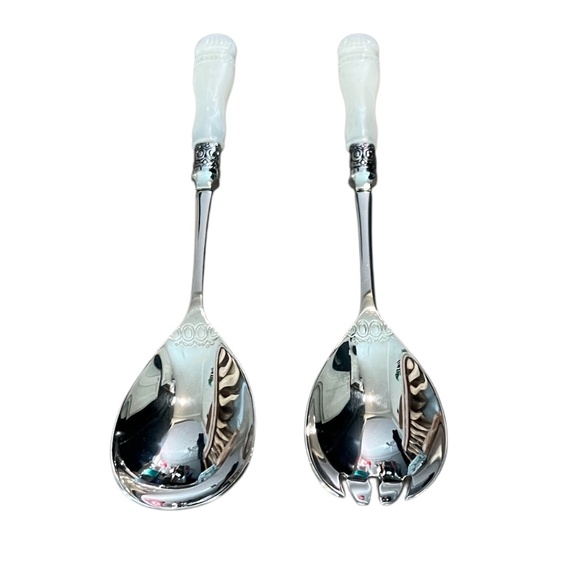 Pair Vintage SLAH Faux Carved Mother of Pearl Handles Salad Serving Spoon & Fork - Picture 1 of 5